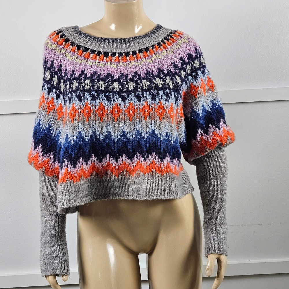 Free People Fair Isle Cropped Wool Blend Sweater Gray Orange Blue Multi L/XL - Picture 3 of 11